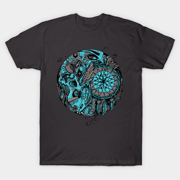 Blue Grey Skull and Dreamcatcher Circle T-Shirt by kenallouis